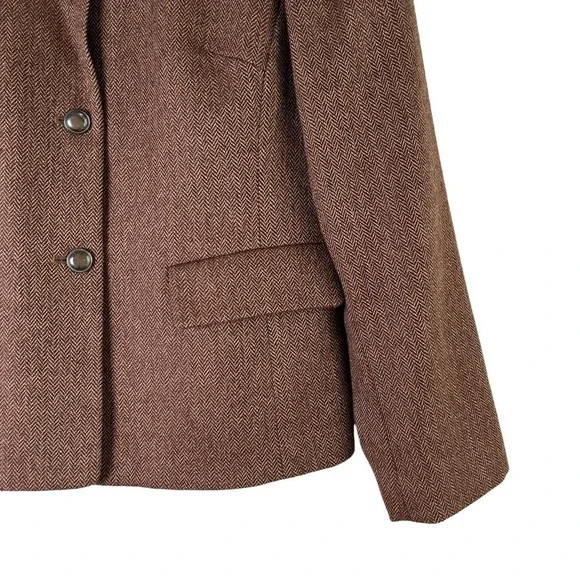 Talbots Faux Fur Collar Wool Herringbone Tweed Button Front Jacket in Brown Sz 8 - Picture 6 of 15